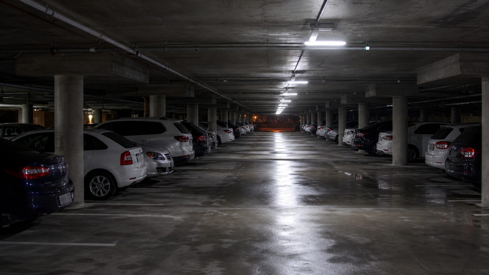 Rows of parked cars in a multi-storey airport car park at night.