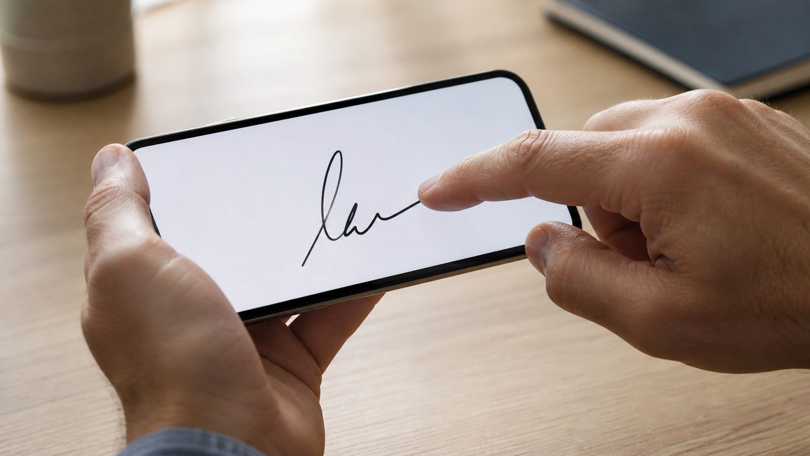 A person signing their name with a fingertip on a phone screen.